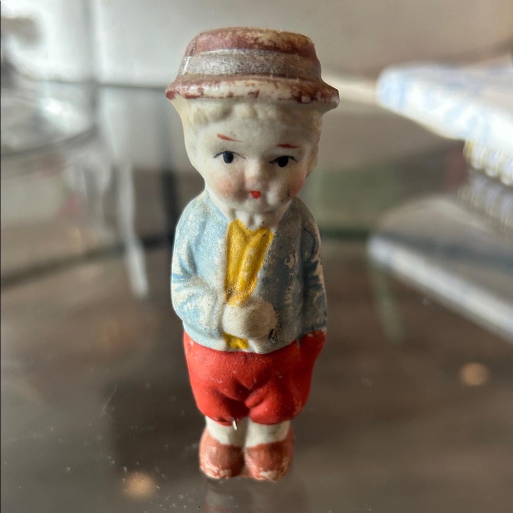 Vintage Bisque Penny Doll-Frozen Charlotte Ceramic Boy Figurine in Red and Blue